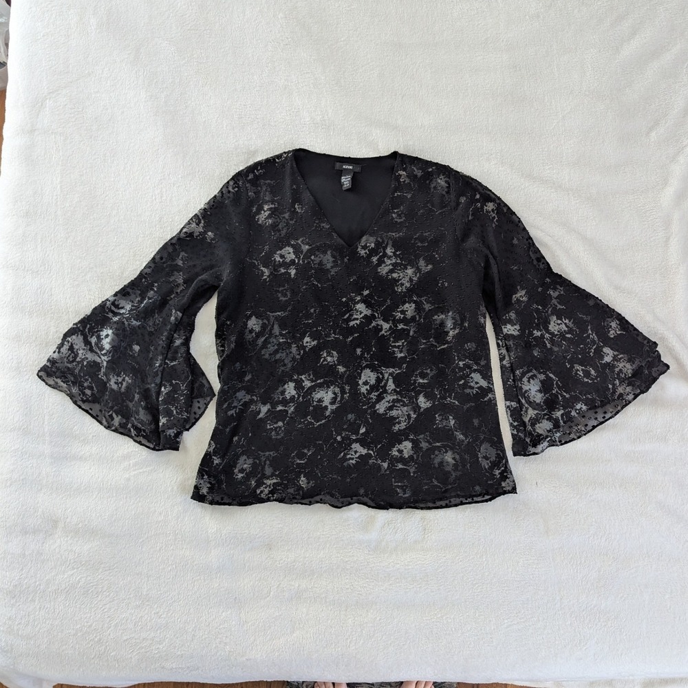 Alfani Black Floral Burnout Bell Sleeve V Neck Lined Blouse‎ Top Womens Sz Med
